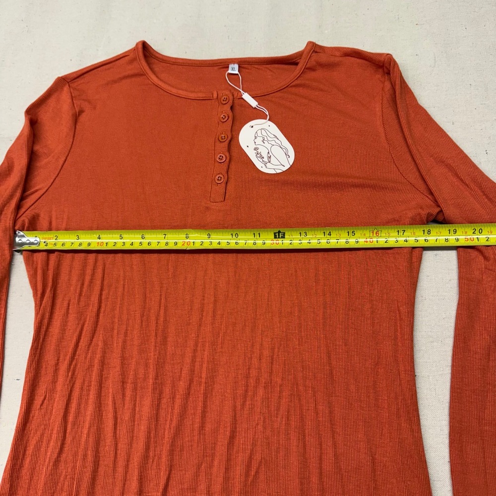 Womens Burnt Orange Ribbed Long Sleeve Henley Top XL HF-000034 - Picture 3 of 11